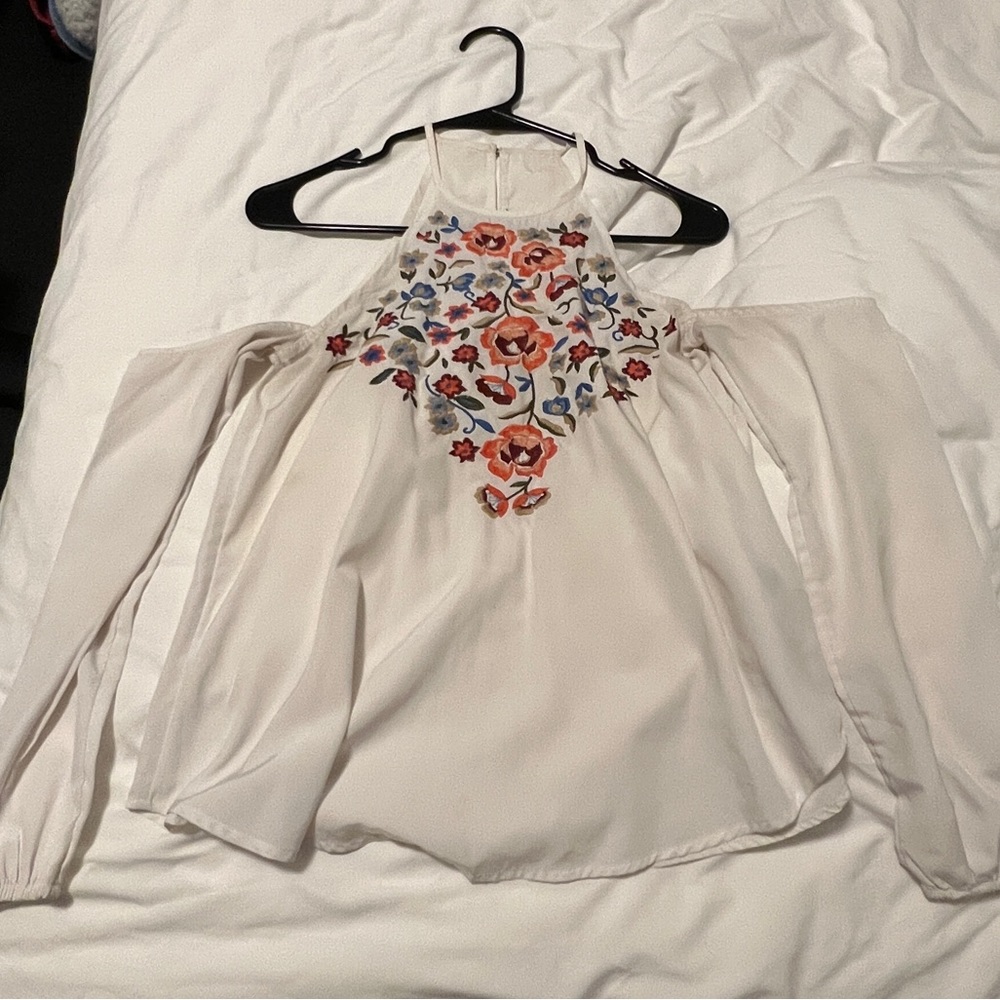 Abercrombie & Fitch off-the-shoulder embroidered silk-like top.